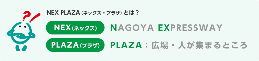 【NEX PLAZA】とは・・・NEX（ネックス）：NAGOYA EXPRESSWAY、PLAZA（プラザ）：「広場・人が集まるところ」