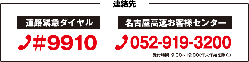 名古屋高速お客様センター 052-919-3200／道路緊急ダイヤル #9910