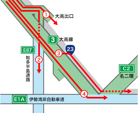 3号大高線（南行き）から他の道路へ出る走行ルート